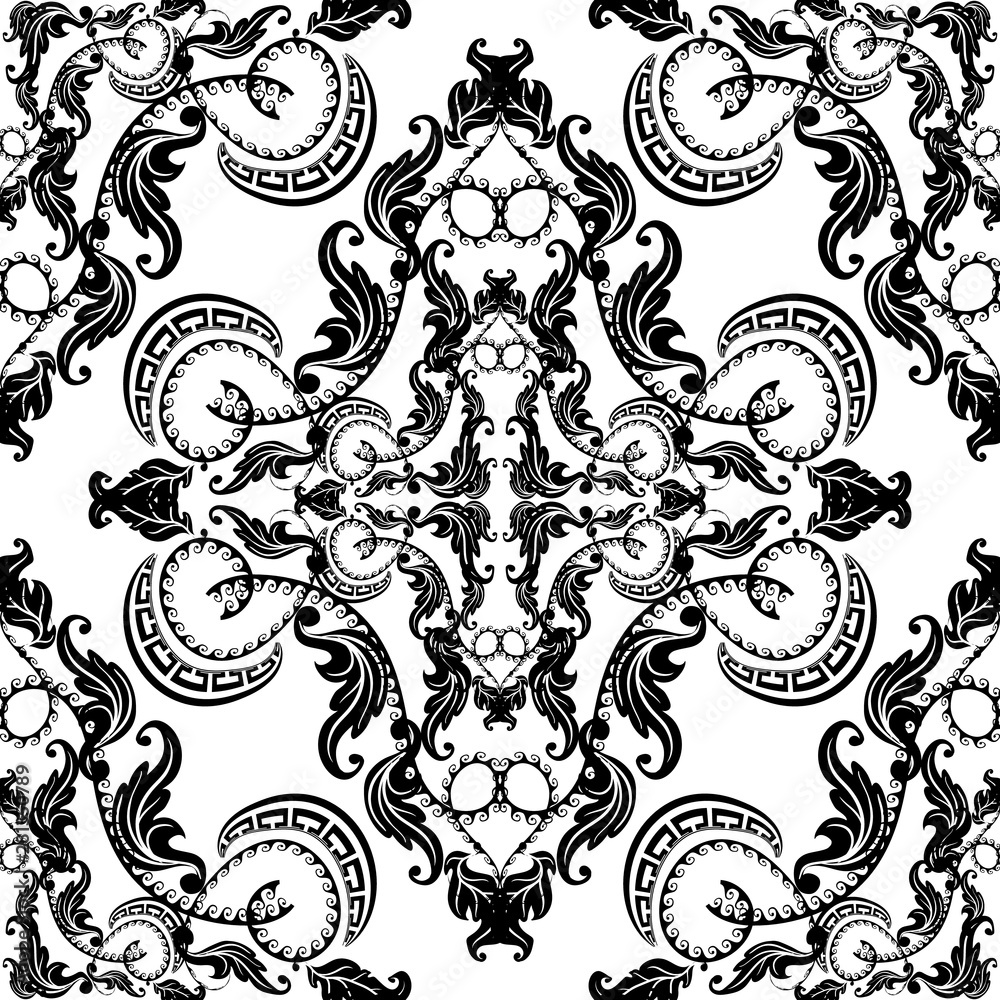 baroque-seamless-pattern-vector-black-and-white-vintage-background-repeat-isolated-design-on-white-modern-floral-ornament-in-baroque-style-greek-key-meanders-elements-endless-texture-template-stock-vector-adobe-stock