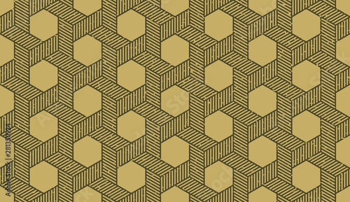 Seamless kraft paper brown and black grunge hexagonal isometric op art revolving star with dotted fill pattern vector