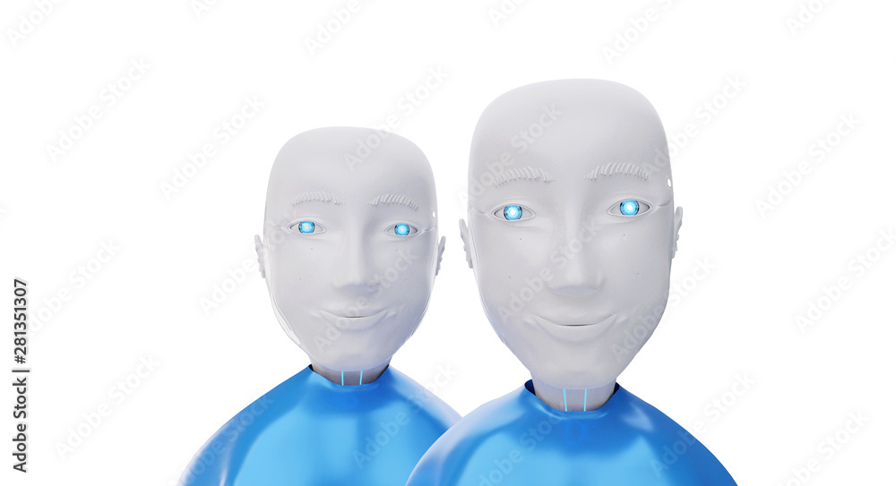 two friendly robots looking 3d-illustration