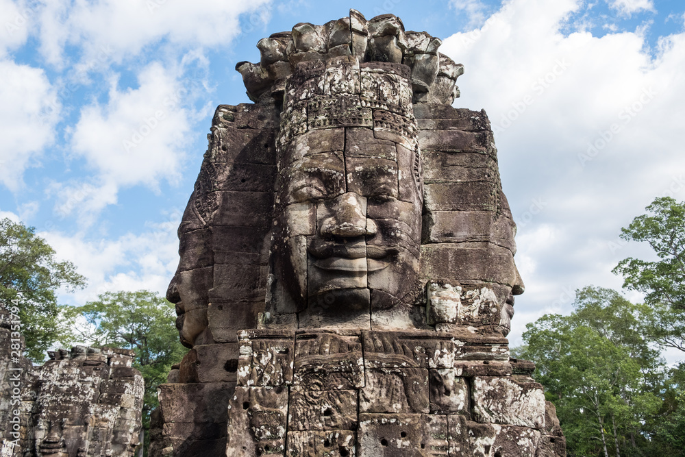 The mystery face tower in Bayon temple the state temple of the Mahayana Buddhist King Jayavarman VII in Siem Reap, Cambodia.