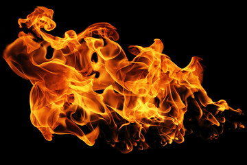 Fire flames isolated on black background, movement of fire flames