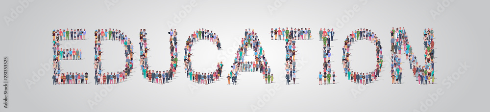 people crowd gathering in shape of education word different occupation employees mix race workers group standing together social media community concept flat horizontal people crowd gathering in shape of education word different occupation employees mix race workers group standing together social media community concept flat horizontal