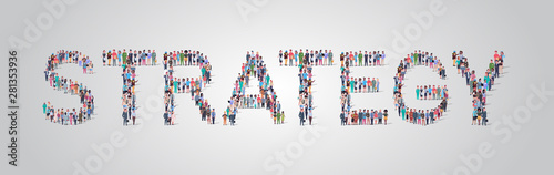 people crowd gathering in shape of strategy word different occupation employees mix race workers group standing together community concept flat horizontal