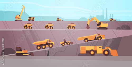 professional equipment working on coal mine production extraction industry mining transport concept opencast stone quarry background flat horizontal