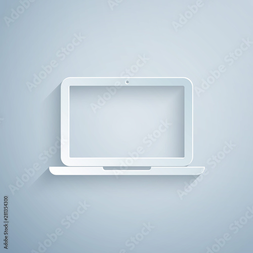 Paper cut Laptop icon isolated on grey background. Computer notebook with empty screen sign. Paper art style. Vector Illustration