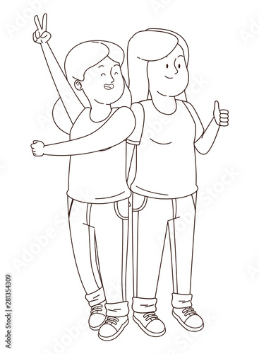 Teenagers friends smiling and having fun cartoon in black and white