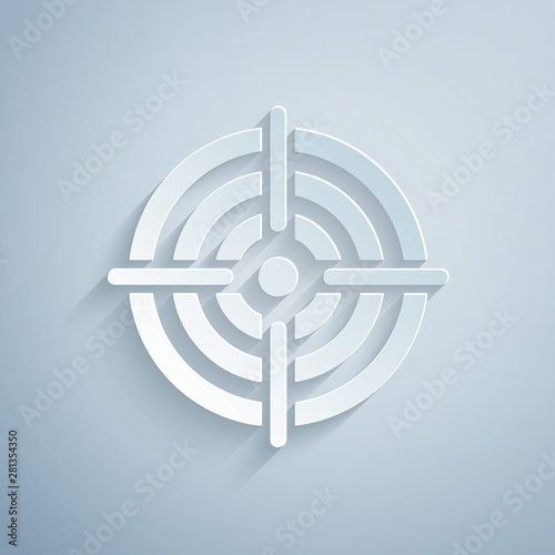 Paper cut Target sport for shooting competition icon isolated on grey background. Clean target with numbers for shooting range or pistol shooting. Paper art style. Vector Illustration
