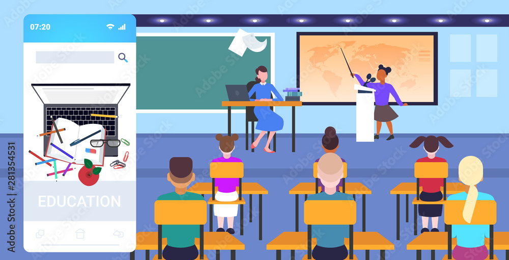 teacher with pupils sitting at desks looking at schoolboy speaking at world map geography lesson school education concept online mobile app classroom interior full length horizontal teacher with pupils sitting at desks looking at schoolboy speaking at world map geography lesson school education concept online mobile app classroom interior full length horizontal