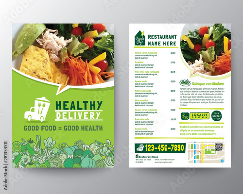 Food Delivery Flyer Pamphlet brochure design vector template in A4 size. Healthy Meal, Green color Restaurant menu template