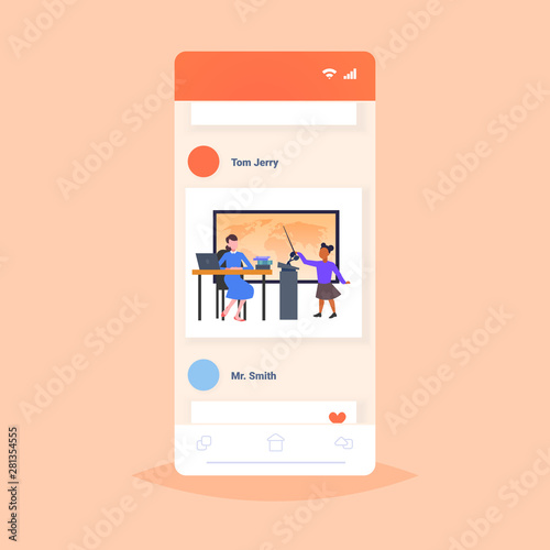 teacher with pupil schoolgirl pointing at world map geography lesson at school education concept modern classroom full length smartphone screen online mobile application