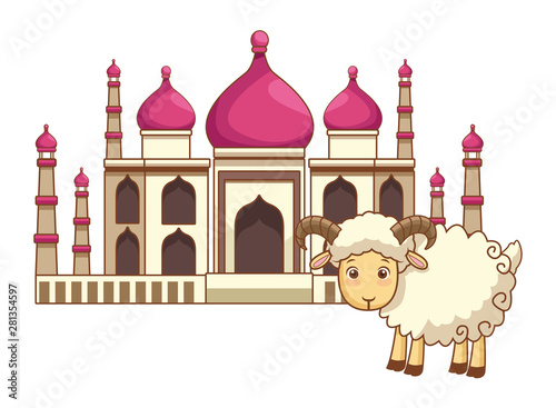 Taj mahal building and goat cartoon isolated