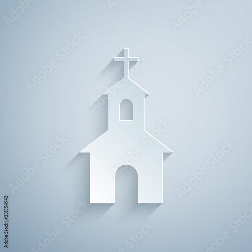 Paper cut Church building icon isolated on grey background. Christian Church. Religion of church. Paper art style. Vector Illustration