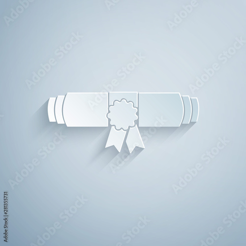 Paper cut Diploma rolled scroll with stamp and ribbon icon isolated on grey background. Paper scroll with wax seal. Business certificate. Paper art style. Vector Illustration