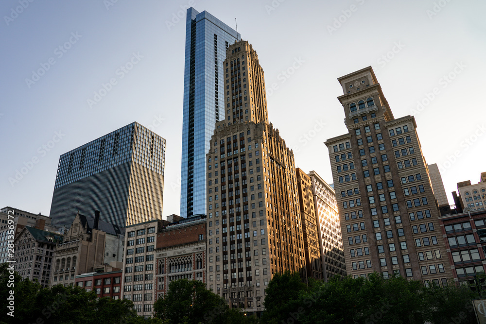 Sun reflecting off buildings in Chicago at sunset Sun reflecting off buildings in Chicago at sunset
