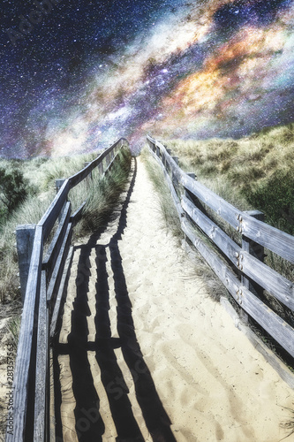 night sky beach, starry space  landscape, stairway to heaven
