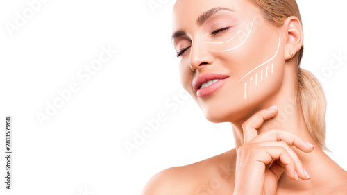 Woman touching her face on white background. Close up portrait.