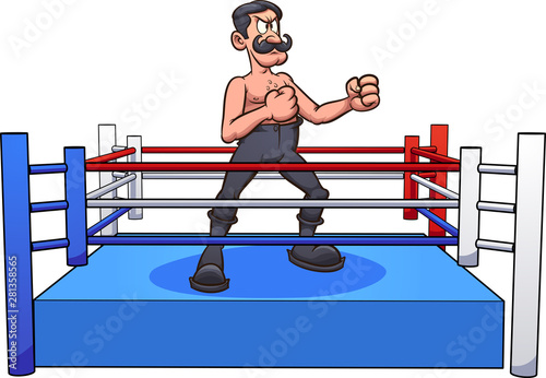 Retro cartoon male boxer with handle bar mustache on a boxing ring clip art. Vector illustration with simple gradients. Some elements on separate layers. 