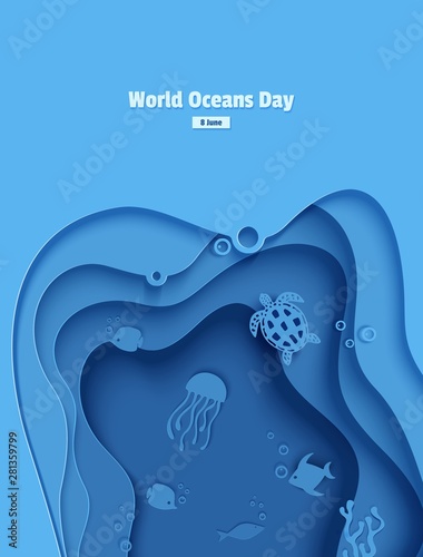 Paper cut butterflyfish, jellyfish, moonfish, turtle. Paper craft underwater ocean cave with fishes, coral reef, seabed in algae, waves. Diving concept, deep blue marine life. Vector sea wildlife