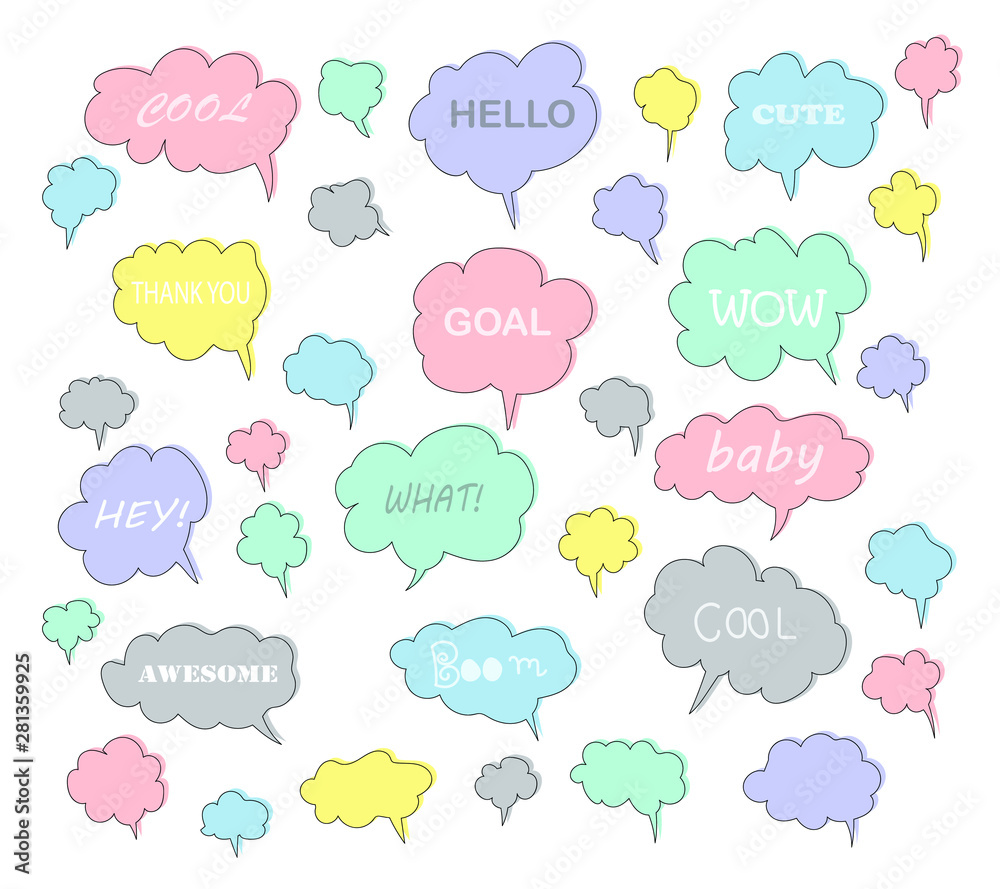 Hand draw speech bubble set. Cute pastel doodle style for chat, inbox, online, speech, bubble, text,question, Balloon, idea, business. Graphic illustration vector icon.