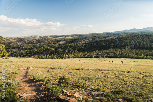 Hikers walking down a hill near Lander, Wyoming during summer. 