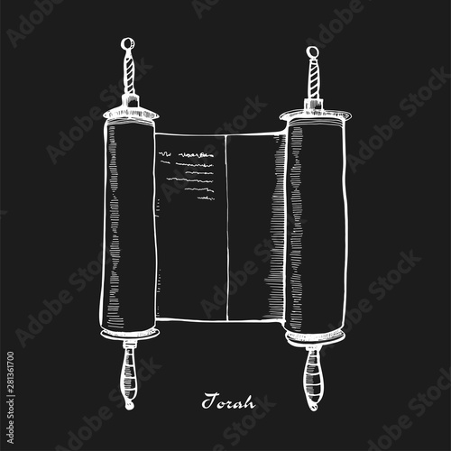 Torah scroll book bible shavuot illustration.Ancient scroll parchment with wooden handles.Hand drawn outline sketch.