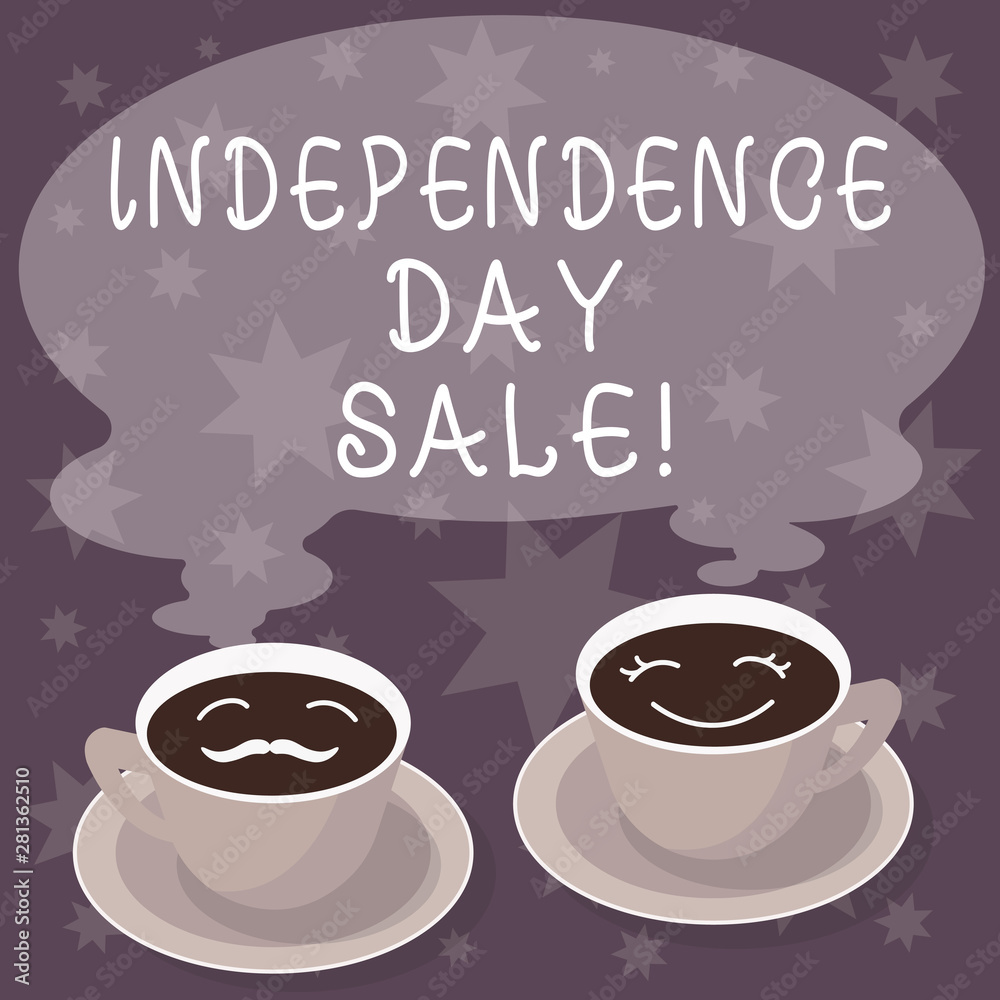 Obraz premium Text sign showing Independence Day Sale. Conceptual photo Promotions and discounts during Independence Day Sets of Cup Saucer for His and Hers Coffee Face icon with Blank Steam