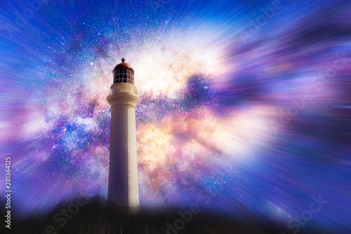 lighthouse at night, starry sky with galaxy