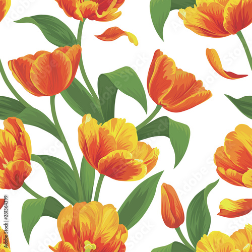 Seamless pattern of orange tulip flowers background. Vector set of blooming floral for holiday invitations  greeting card and fashion design.