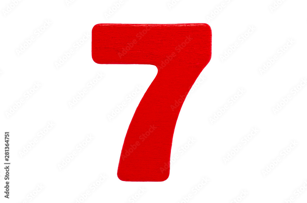 Red wooden number seven without shadow isolated on a white background. Red wooden number seven without shadow isolated on a white background.
