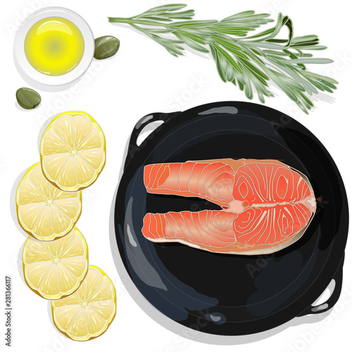 Raw salmon fillets on the pan with herbs. White background. Vector illustration, separated layers.