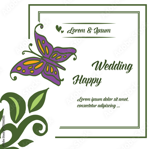 Template design happy wedding, texture green leaf and decoration butterfly. Vector