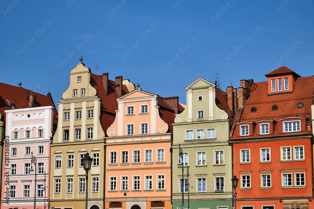 Beautiful renovated houses at the market square in Wroclaw, Poland