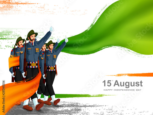 vector illustration of Army marching on Indian tricolor background for 15th August Happy Independence Day of India