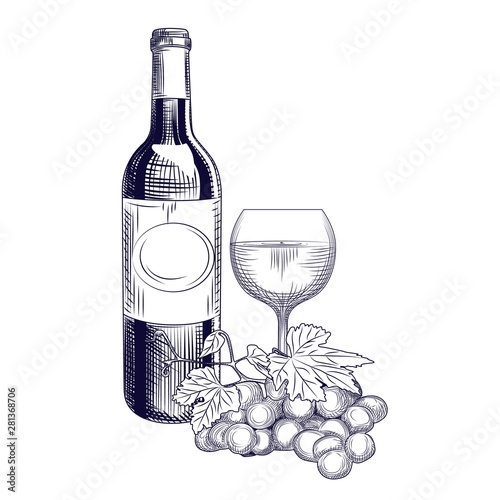Hand drawn wine bottle, glass and grapes. Engraving style.