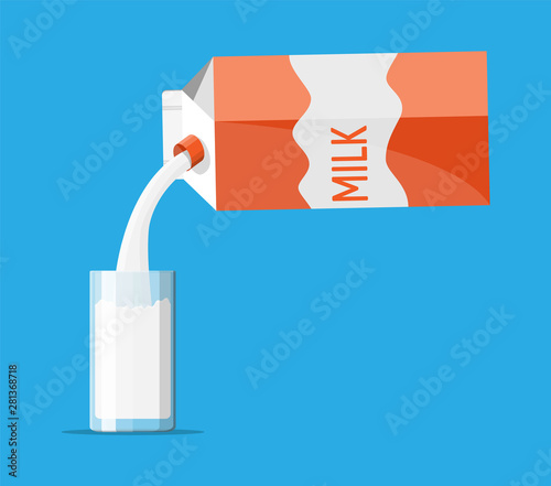 Paper packet with milk and glass isolated on blue. Milk dairy drink. Organic healthy product. Vector illustration in flat style