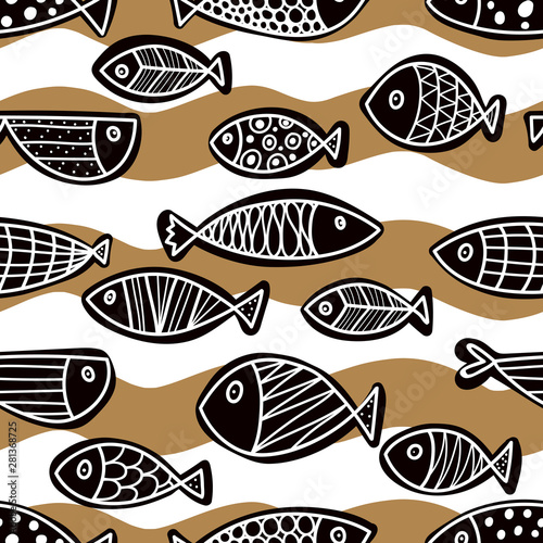 Cute fish. Gold background. Seamless pattern. Can be used in textile industry, paper, background, scrapbooking.