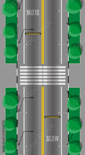 Road crossing with speed bump. Modern roads and transport. Top view. Highway junction, cross the street. Traffic regulations. Rules of the road. Vector illustration in flat style