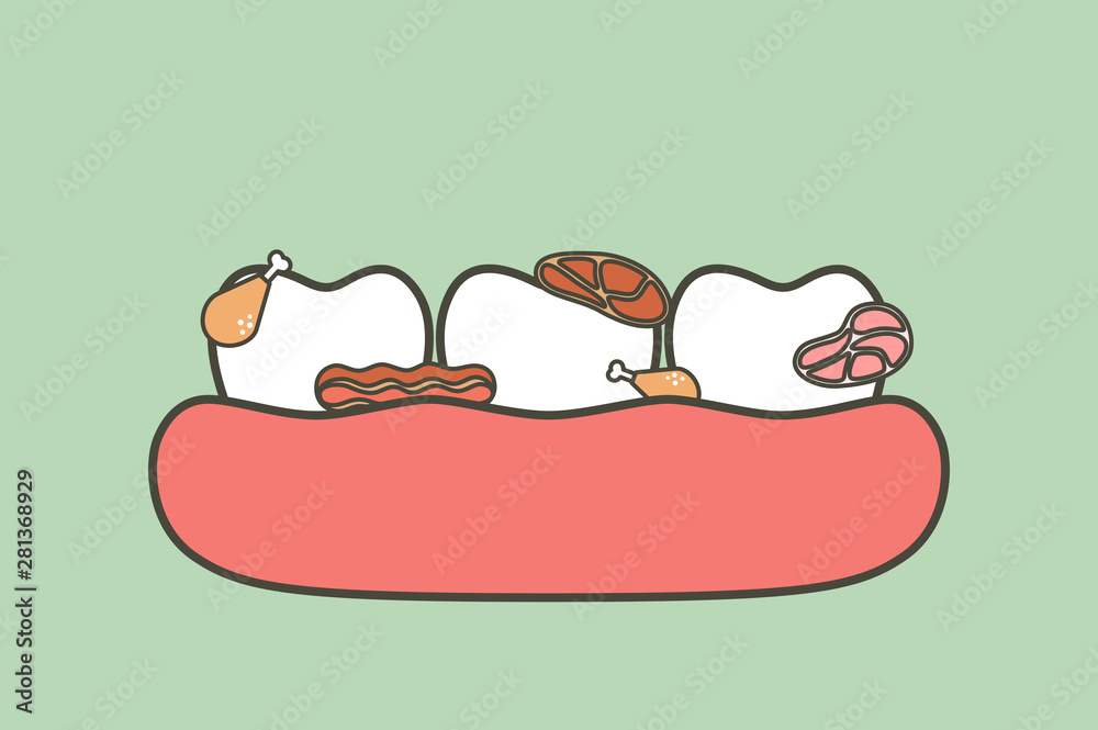 meat stuck in teeth, cause of decay tooth and bad breath - dental cartoon vector flat style meat stuck in teeth, cause of decay tooth and bad breath - dental cartoon vector flat style