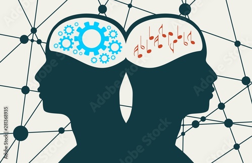 Silhouette of a men head. Teamwork relative brochure, report or leaflet design template. Human communication. Gears group and notes as a symbol of a brains. Concept of differences