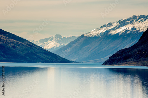 Stunning glacial lake nature scenery in the Southern Alps of New Zealand