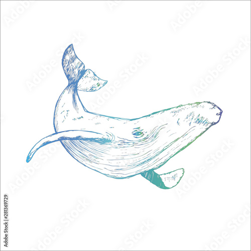 Neon illustration of a whale raising tail in the sea waves. An idea for a tattoo.