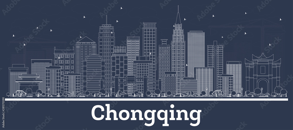 Outline Chongqing China City Skyline with White Buildings.