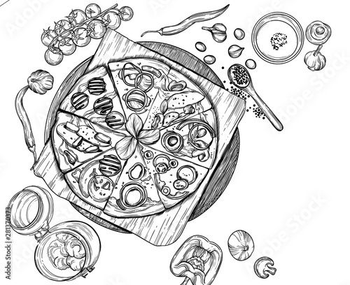 vector illustration of pizza with vegetables and spices