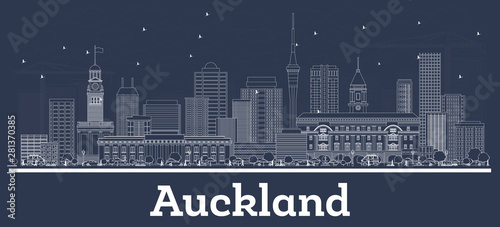 Outline Auckland New Zealand City Skyline with White Buildings.