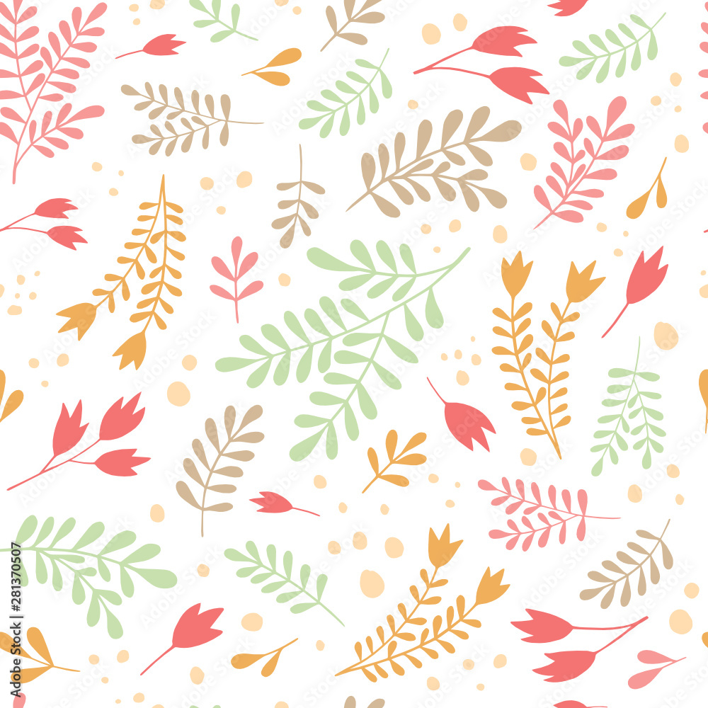 Ornamental plants on a white background. Vector seamless pattern, can be used for textile, wallpaper, web, card.