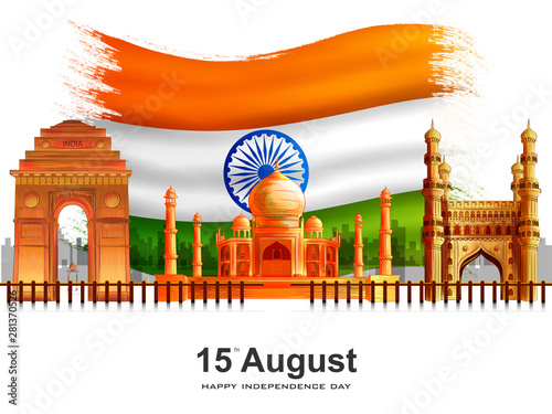 vector illustration of Famous monument of India in Indian background for 15th August Happy Independence Day of India