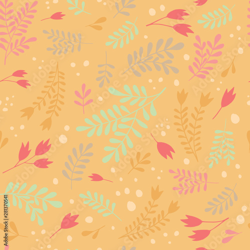 Ornamental plants on a yellow background. Vector seamless pattern, can be used for textile, wallpaper, web, card.