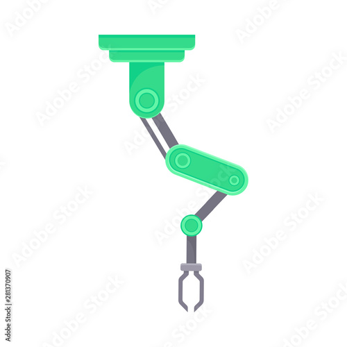 Green robotic arm with fastening to the ceiling. Vector illustration on white background.