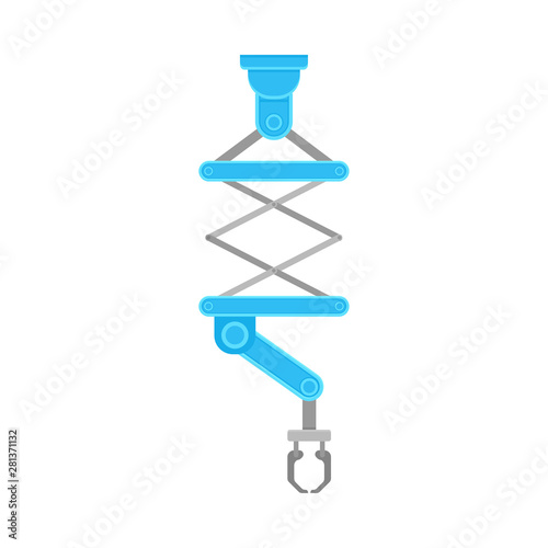 Blue robotic arm with gray crossbars. Vector illustration on white background.