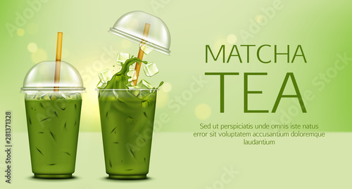 Matcha green tea with ice cubes and splash in takeaway plastic cup with cap and straw mock up banner  cold summer drink ads poster for cafe  healthy fresh beverage. Realistic 3d vector illustration